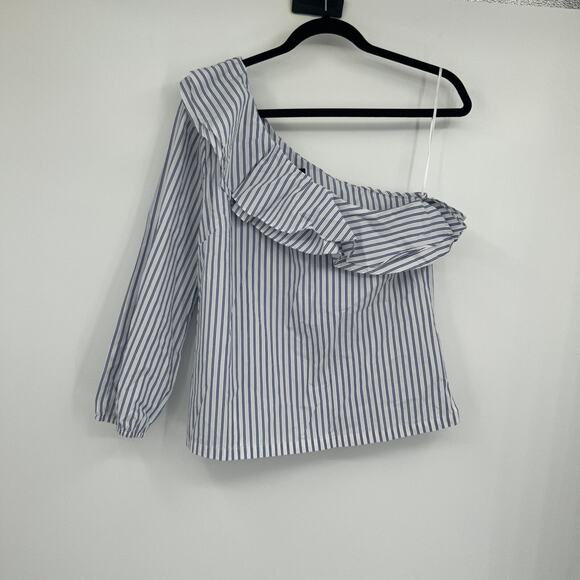 NEW J Crew Blue Stripe One Shoulder Ruffle Shirt Blouse Size 8 - Picture 1 of 6